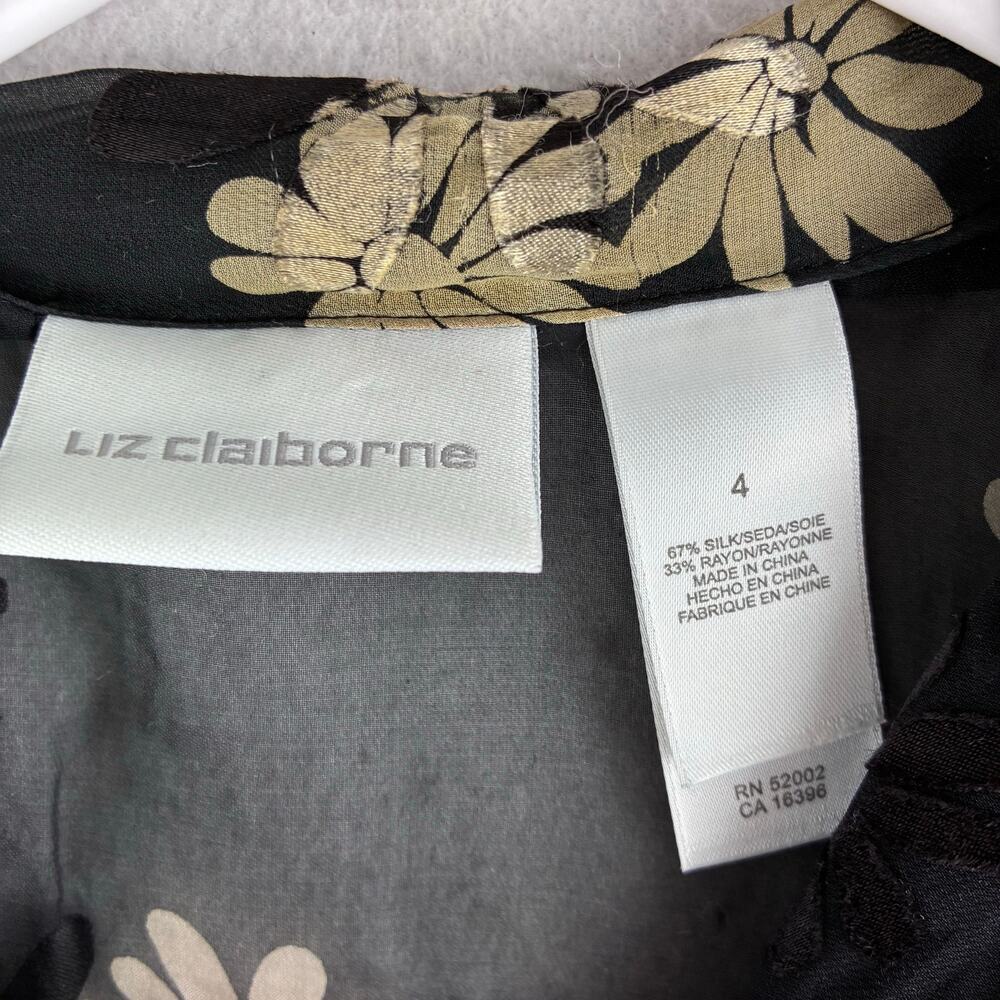 Vintage Liz Claiborne Sheer Button Up Blouse Women's 4 Black Floral Career Silk - Picture 6 of 7